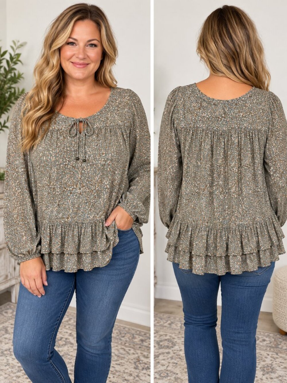 Gentle Fawn L Gray Floral Tie Neck Ruffle Peplum Blouse 100% Rayon